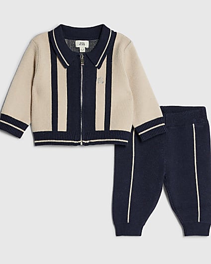 Baby Boys Cream Blocked Zip Through Knit Set