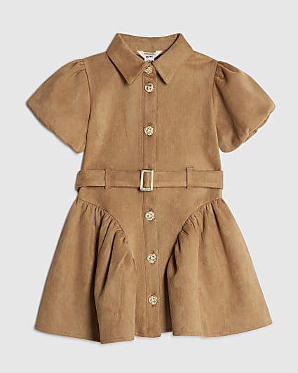 Mini Girls Brown Faux Suede Skater Dress