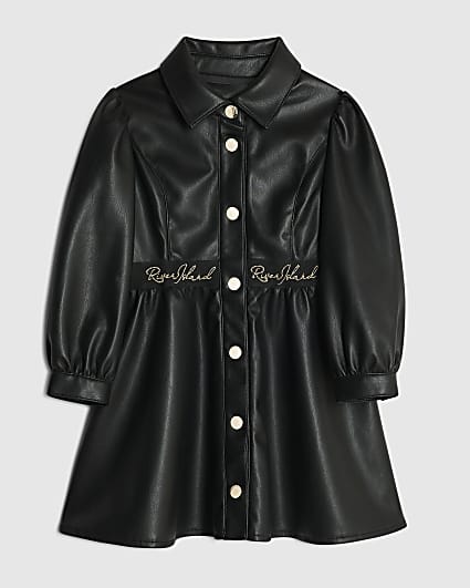 Mini Girls Black Faux Leather Shirt Dress