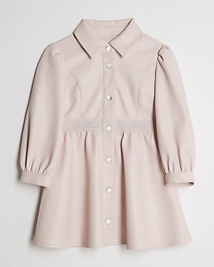 Mini Girls Pink Faux Leather Shirt Dress