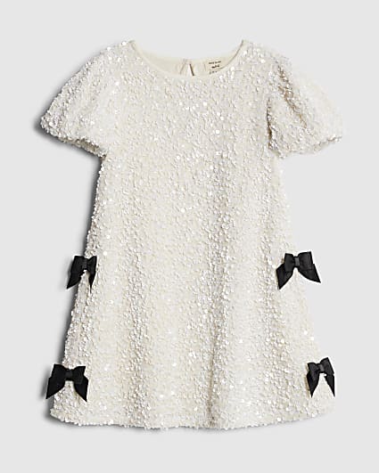 Mini Girls White Sequin Bow Dress
