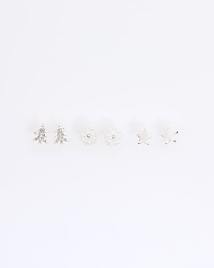 Girls Silver Christmas 3 Pack Stud Earrings