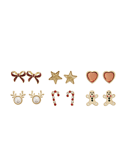 Girls Red Christmas Pack Of 3 Stud Earrings