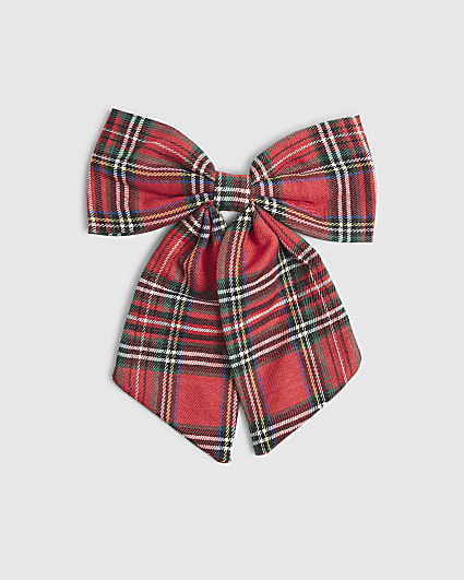 Girls Red Christmas Tartan Bow