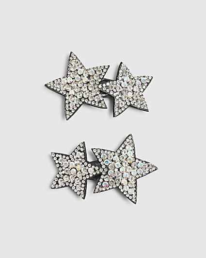 Girls Black And Silver Star Hair Clips