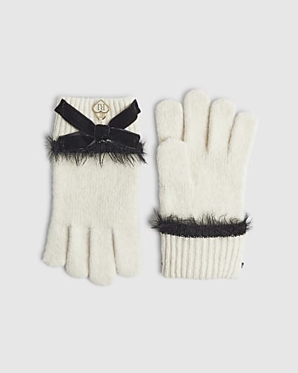 Girls Cream Bow Knitted Gloves
