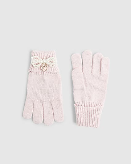Girls Pink Pearl Bow Gloves