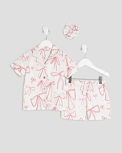 Mini Girls Cream Bow Satin Pyjama Set