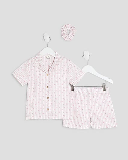 Mini Girls Pink Rosebud Stripe Satin Pyjamas