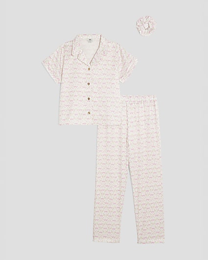 Girls Cream Ditsy Bow Satin Pyjama Set