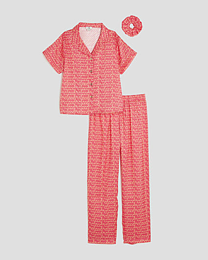 Girls Pink Satin RI Monogram Pyjamas Set