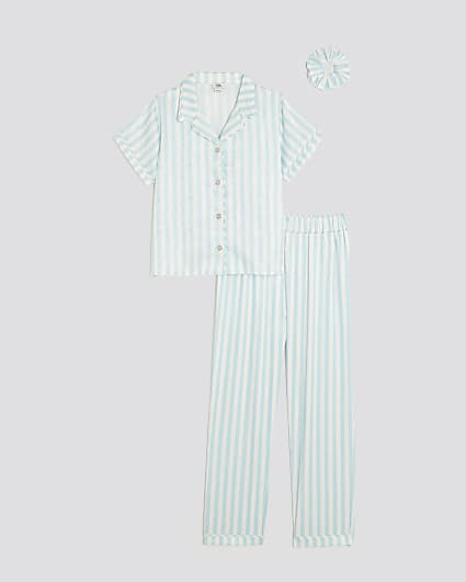 Girls Blue Striped Satin Pyjama Set