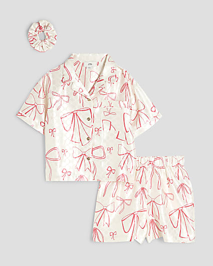 Girls Cream Bow Satin Pyjama set
