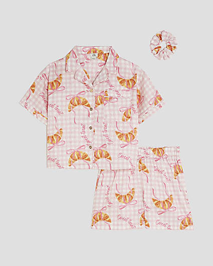 Girls Pink Gingham Croissant Pyjamas Set