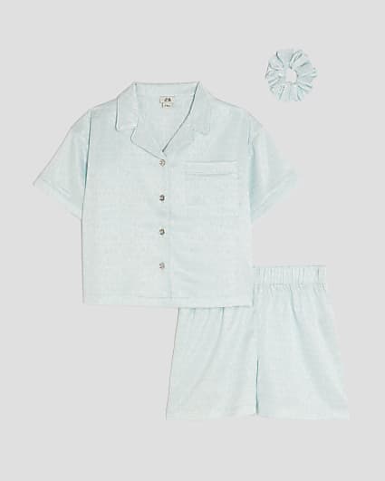 Girls Blue RI Monogram Satin Pyjamas Set