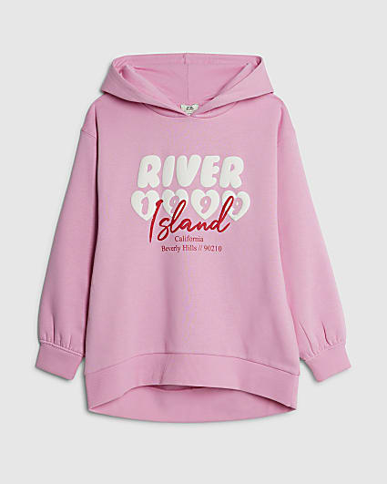Girls Pink Longline RI Hooded Sweatshirt