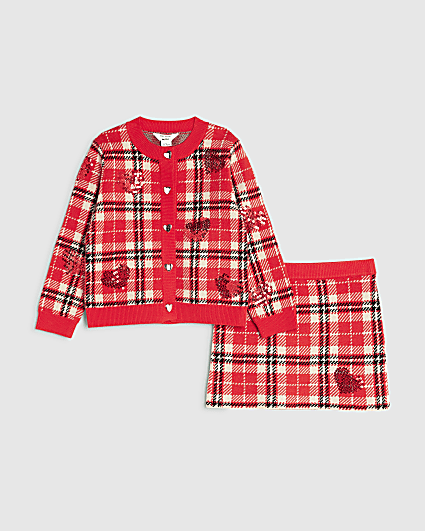 Mini Girls Red Tartan Sequin Skirt Set