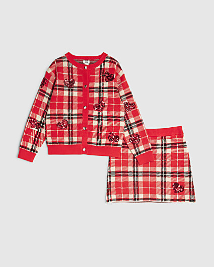 Girls Red Tartan Sequin Skirt Set