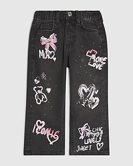 Mini Girls Black Love Graffiti Straight Jeans