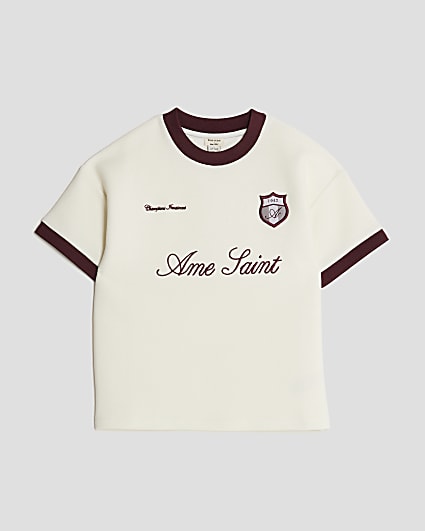 Mini Boys Ecru Football Ribbed T-Shirt