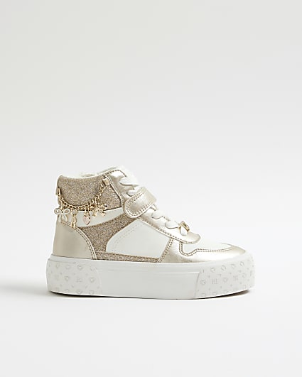 Girls White Glitter Chain High Top Trainers