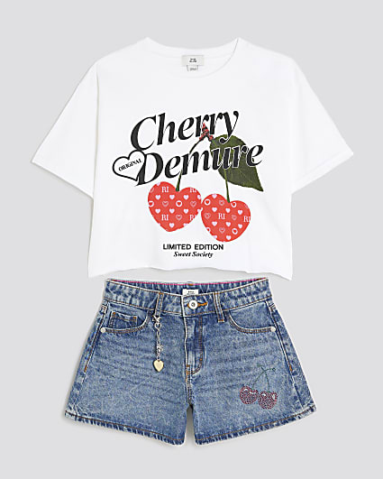 Girls White Cherry T-Shirt and Shorts Set