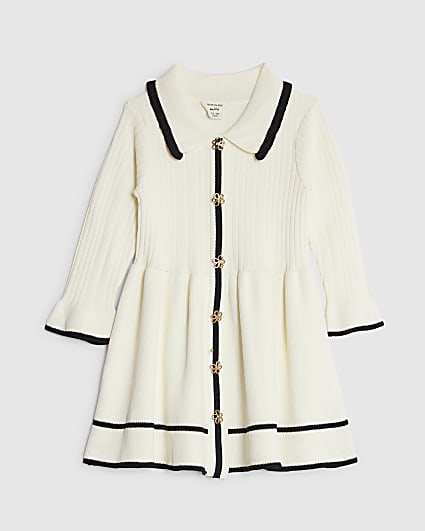 Mini Girls Cream Collared Tipped Skater Dress