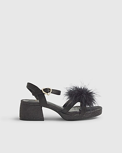 Girls Black Glitter Feather Sandals