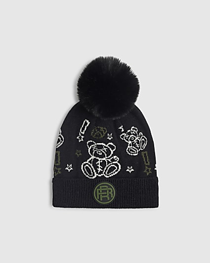 Mini Boys Black Doodle Bear Beanie Hat