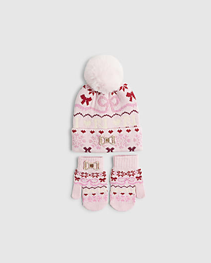 Mini Girls Pink Fairisle Beanie Hat Set