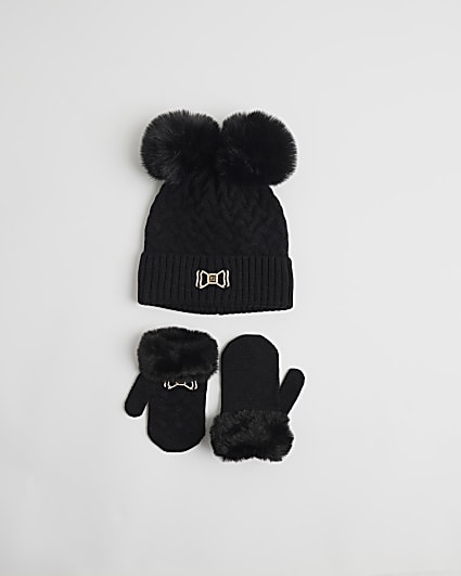 Mini Girls Black Beanie and Mittens Set