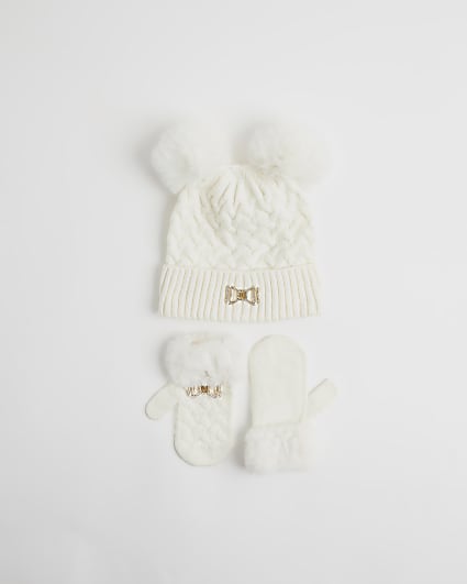 Mini Girls Cream Beanie and Mittens Set