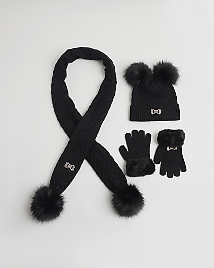 Girls Black Beanie hat and scarf set