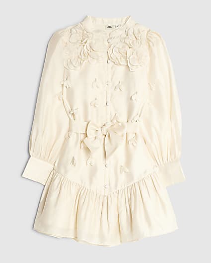 Girls Cream 3D Flower Shirt Dress