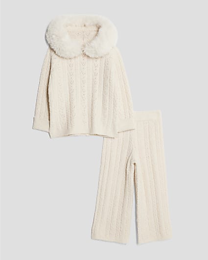 Mini Girls Cream Hooded Sparkle Jumper Set
