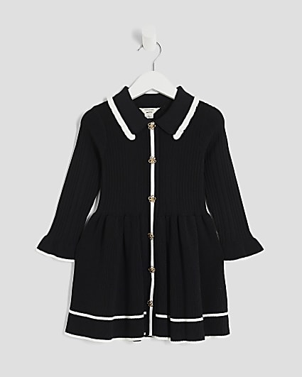 Mini Girls Black Collared Tipped Flippy Dress