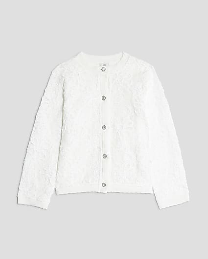 Girls White Floral Lace Cardigan