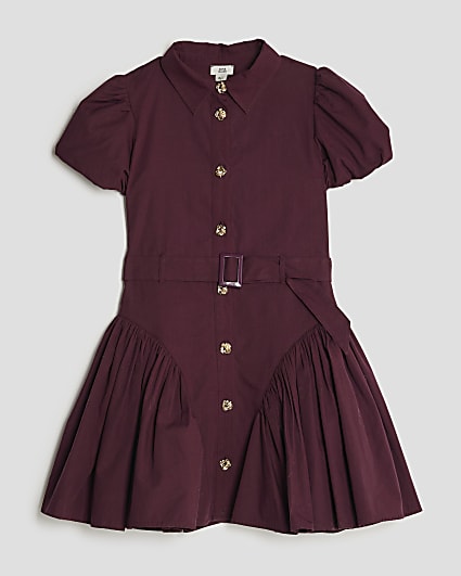 Girls Purple Puff Sleeve Prom Shirt Dress