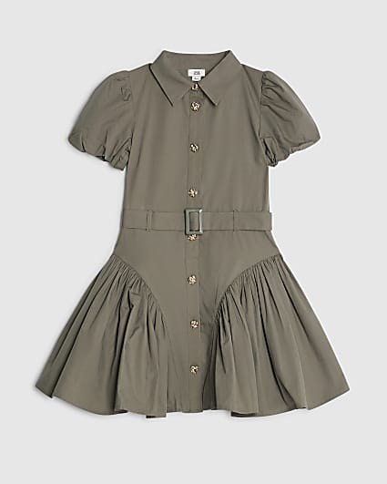 Girls Khaki Puff Sleeve Prom Shirt Dress