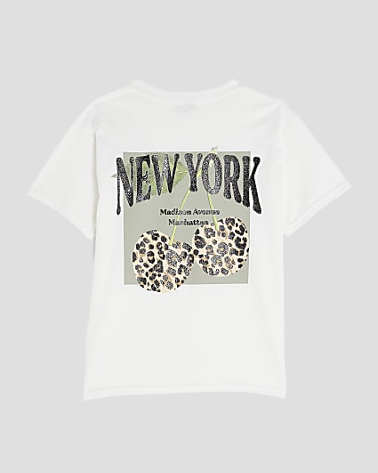 Girls White New York Leopard Bow T-Shirt