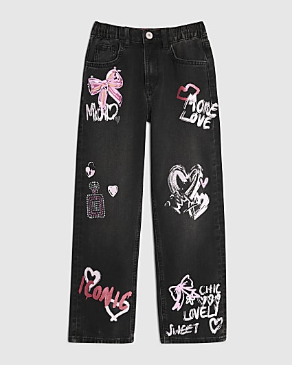 Girls Black Love Graffiti Straight Jeans