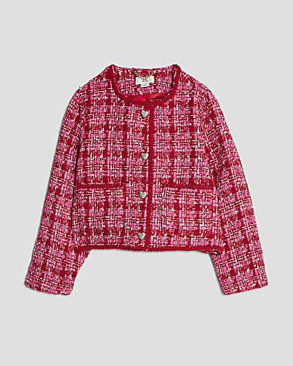 Girls Red Boucle Collarless Jacket