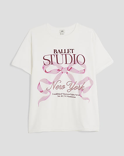 Girls White Ballet Studio Bow T-shirt