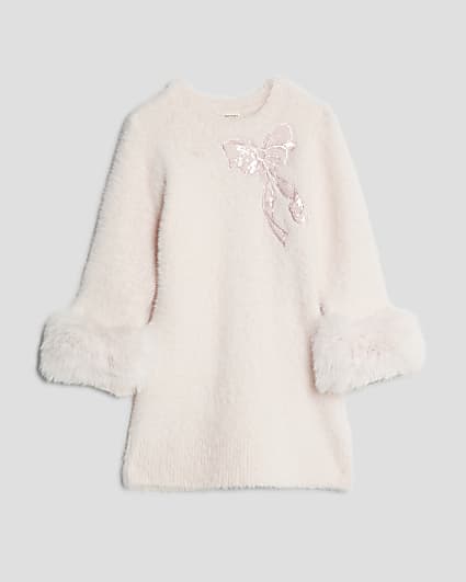 Mini Girls Pink Faux Fur Cuff Bow Dress