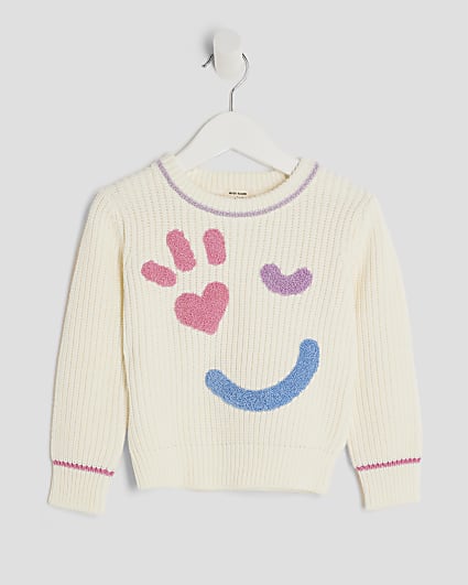 Mini Girls Cream Knitted Smiley Jumper