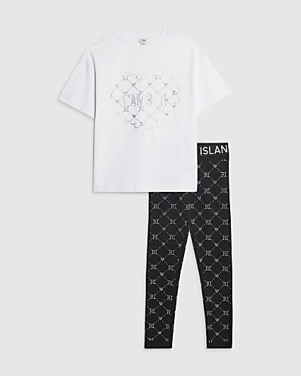 Girls White RI Monogram Leggings Set