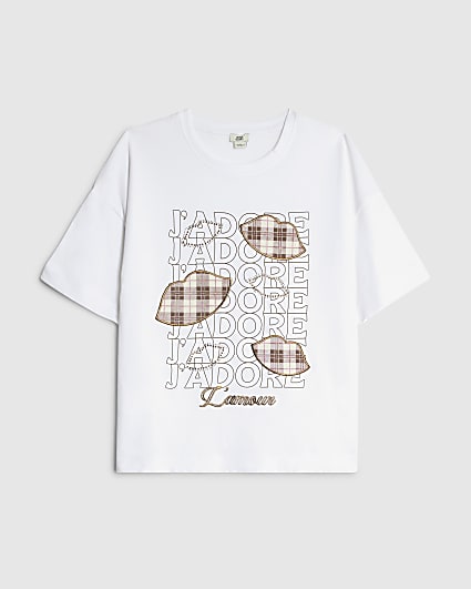 Girls White J'adore Check Lips T-Shirt