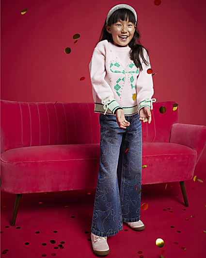 Nephthys Girls Pink Argyle Bow Jumper