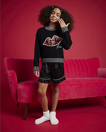 Nephthys Girls Black Sequin Lips Jumper
