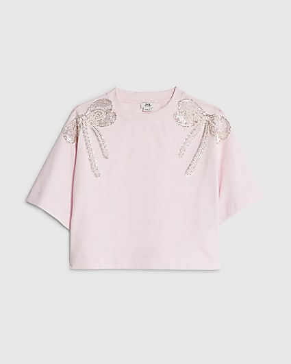 Girls Pink Embellished Bow Top